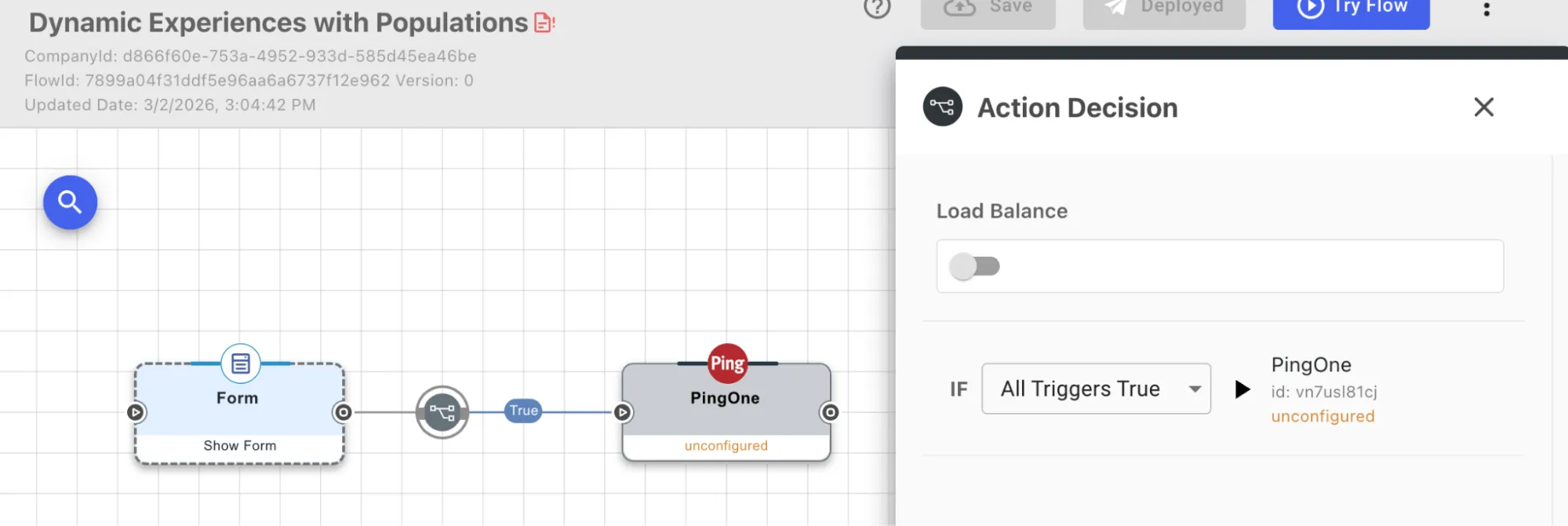 A screenshot of the Action Decision Node editor in which the All Triggers True condition points to the PingOne node