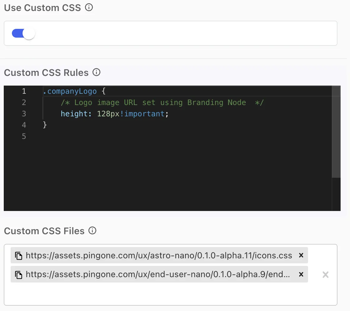 The settings window in which the custom css rules and custom css files have been added. Use Custom CSS is turned on