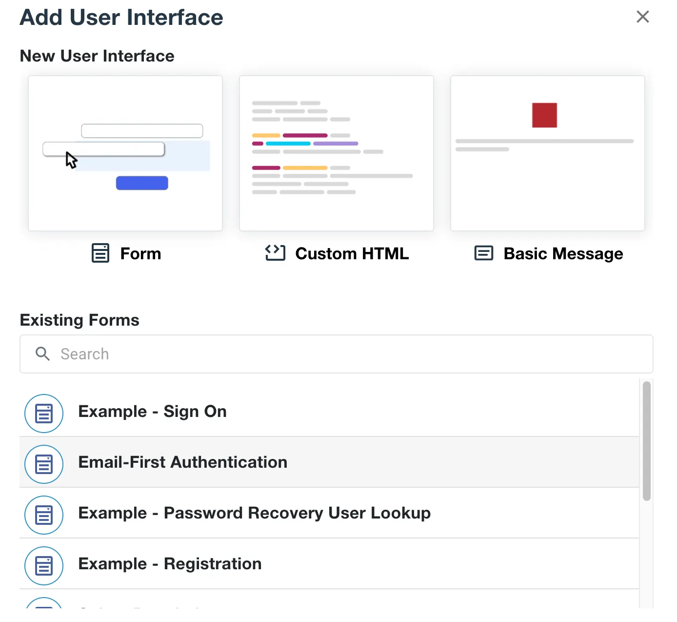 A view of the Add User Interface menu which includes the created forms