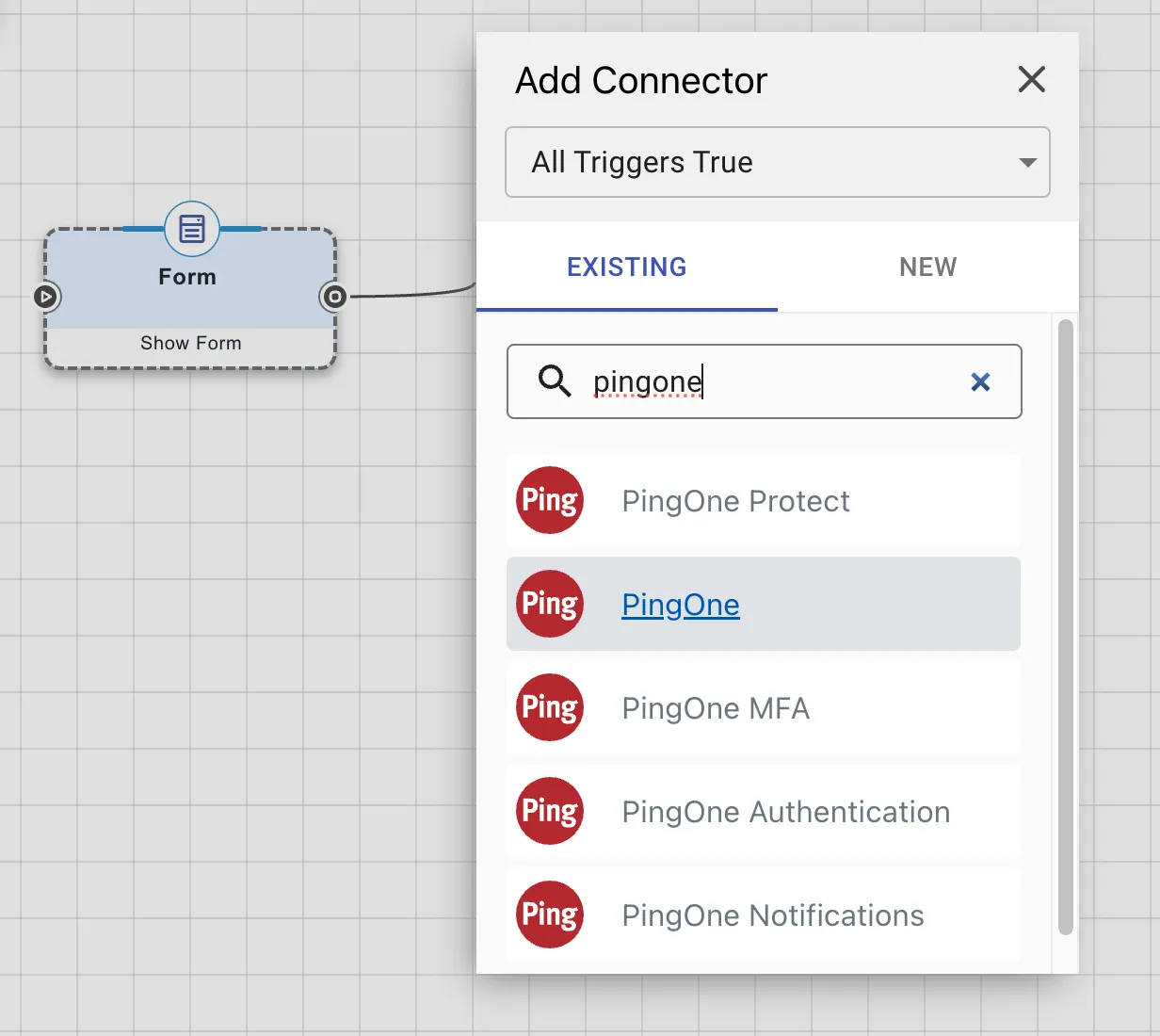 A screenshot of the DaVinci canvas where a line has been dragged from the Form node and a selection box has appeared to add a connector. PingOne has been searched and its connector is highlighted