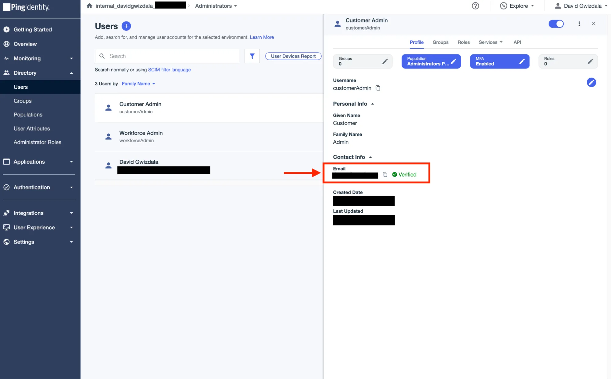 A screenshot of the admin page indicating the user's email has been verified