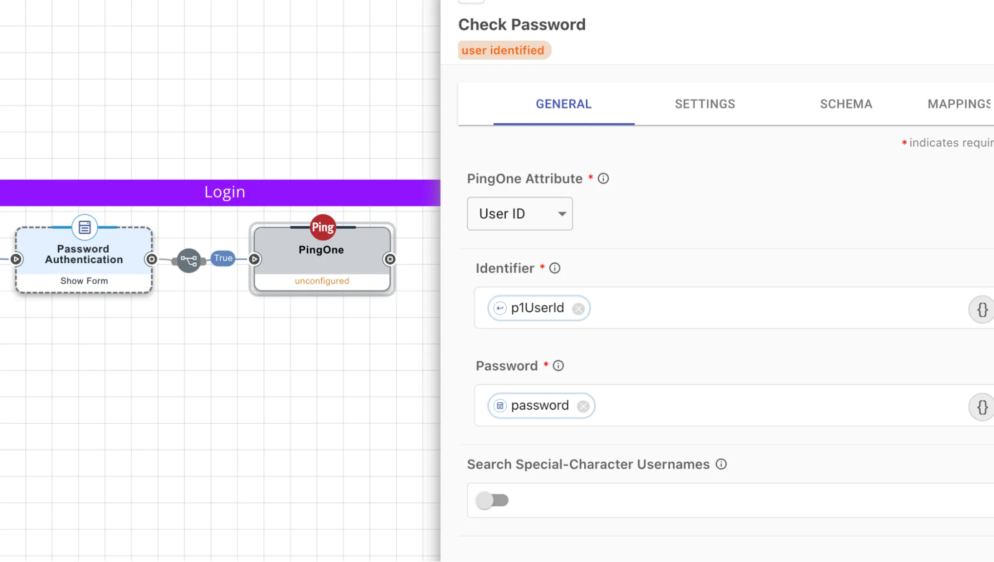 The Check Password node pulling in the user ID and collected password
