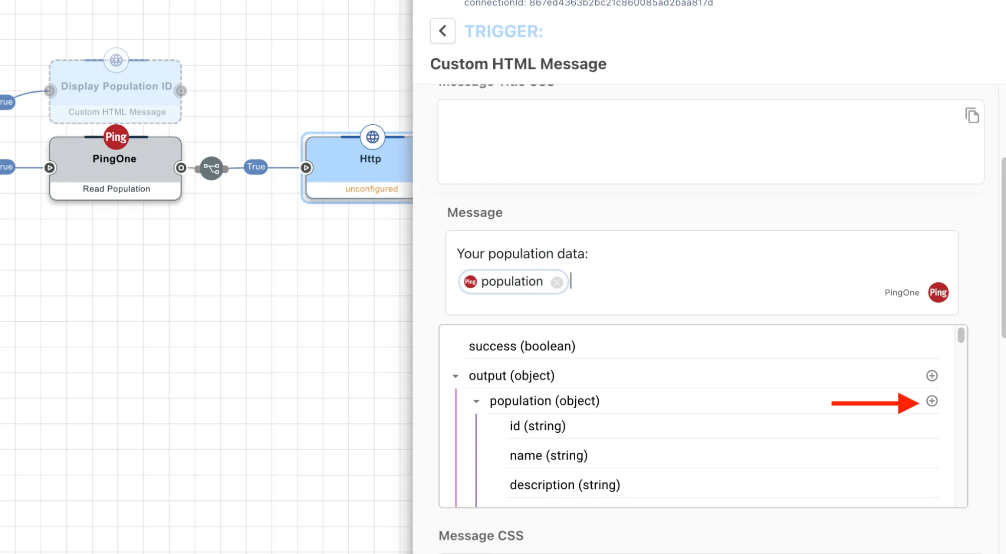 A message node in which the entire population object is being added for display. A red arrow points to the "+" button next to the "population (object)" element in the variables selector