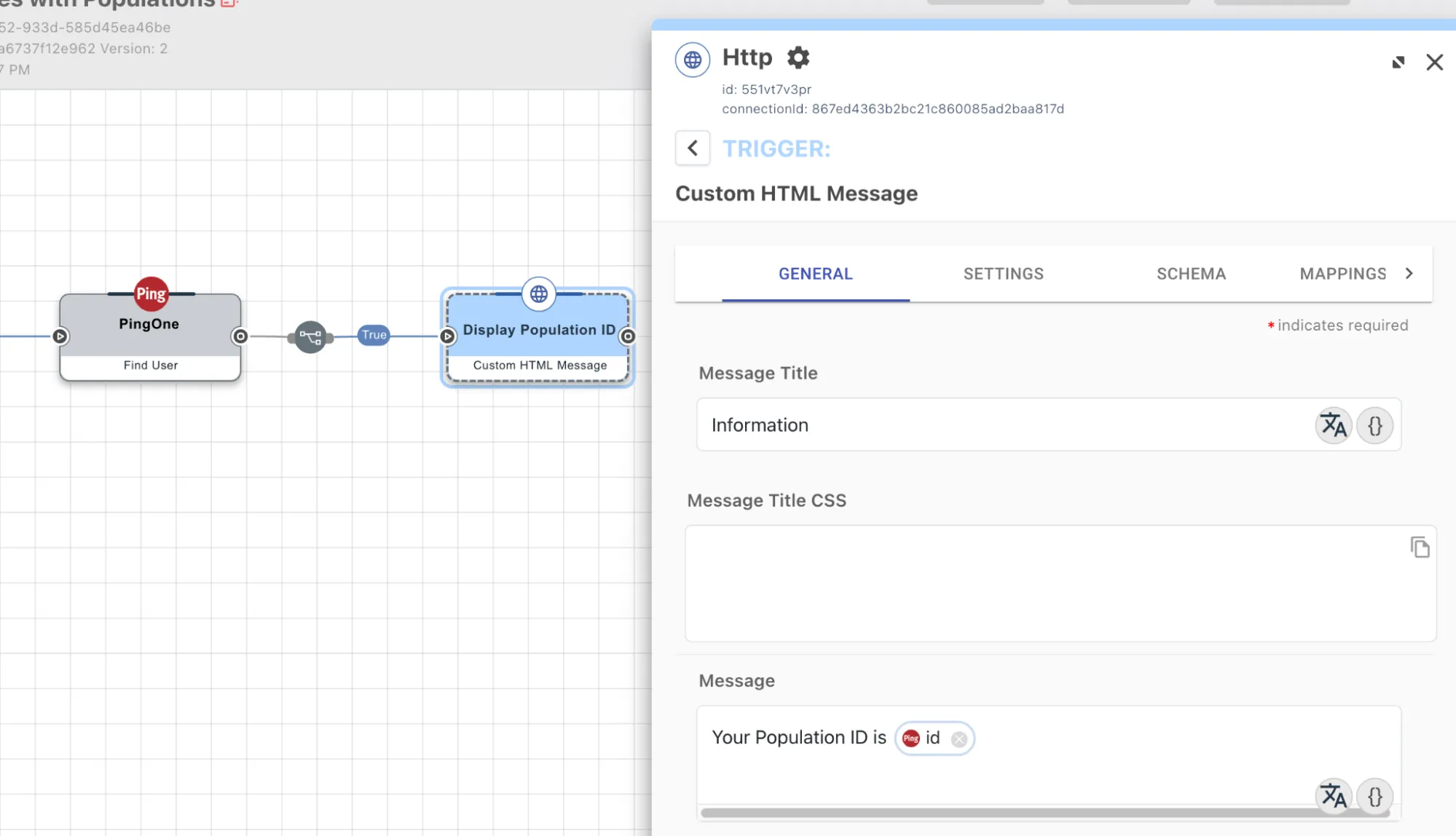 A HTTP message node that contains the Population ID gathered from the PingOne node
