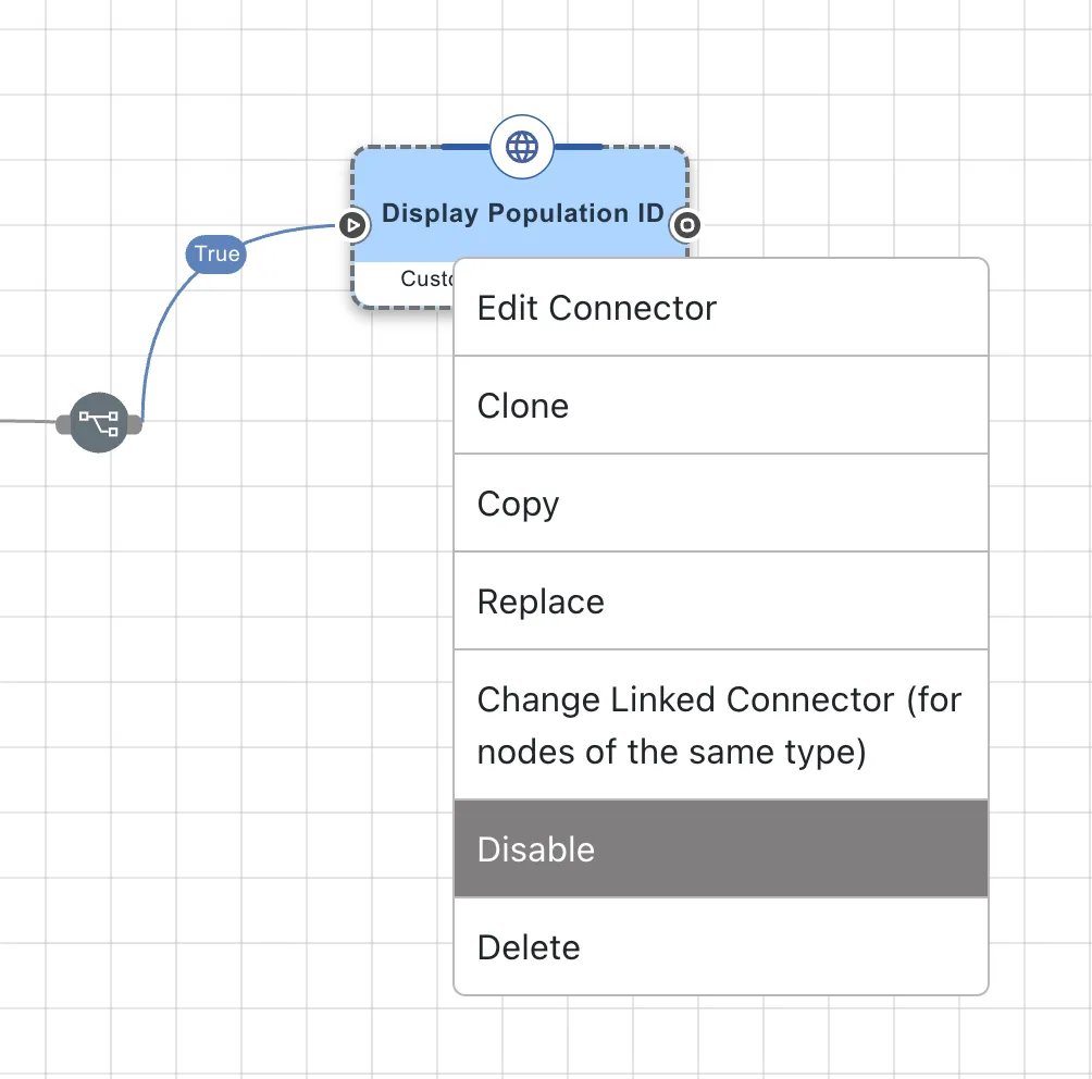 The right-click menu that appears when interacting with a node. The Option to "Disable" is highlighted
