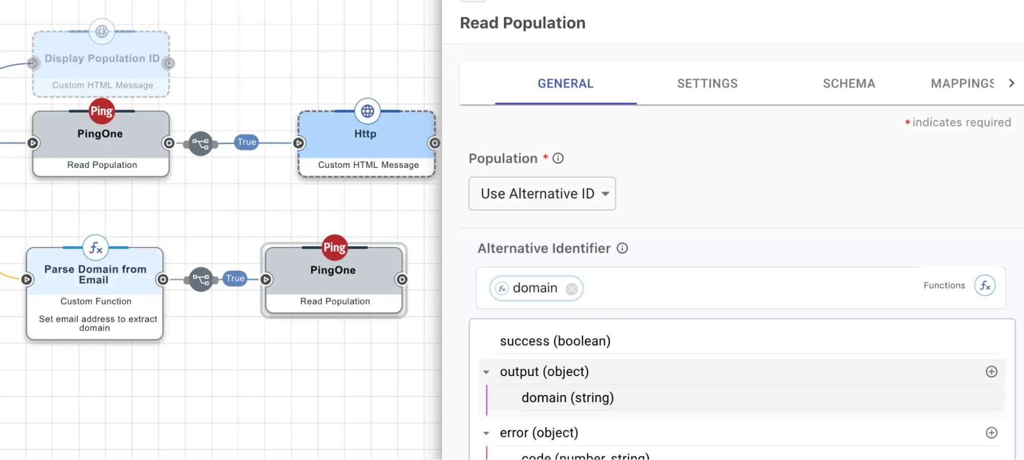 The parsed email domain being passed as a variable into the read population query, used as an alternative identifier