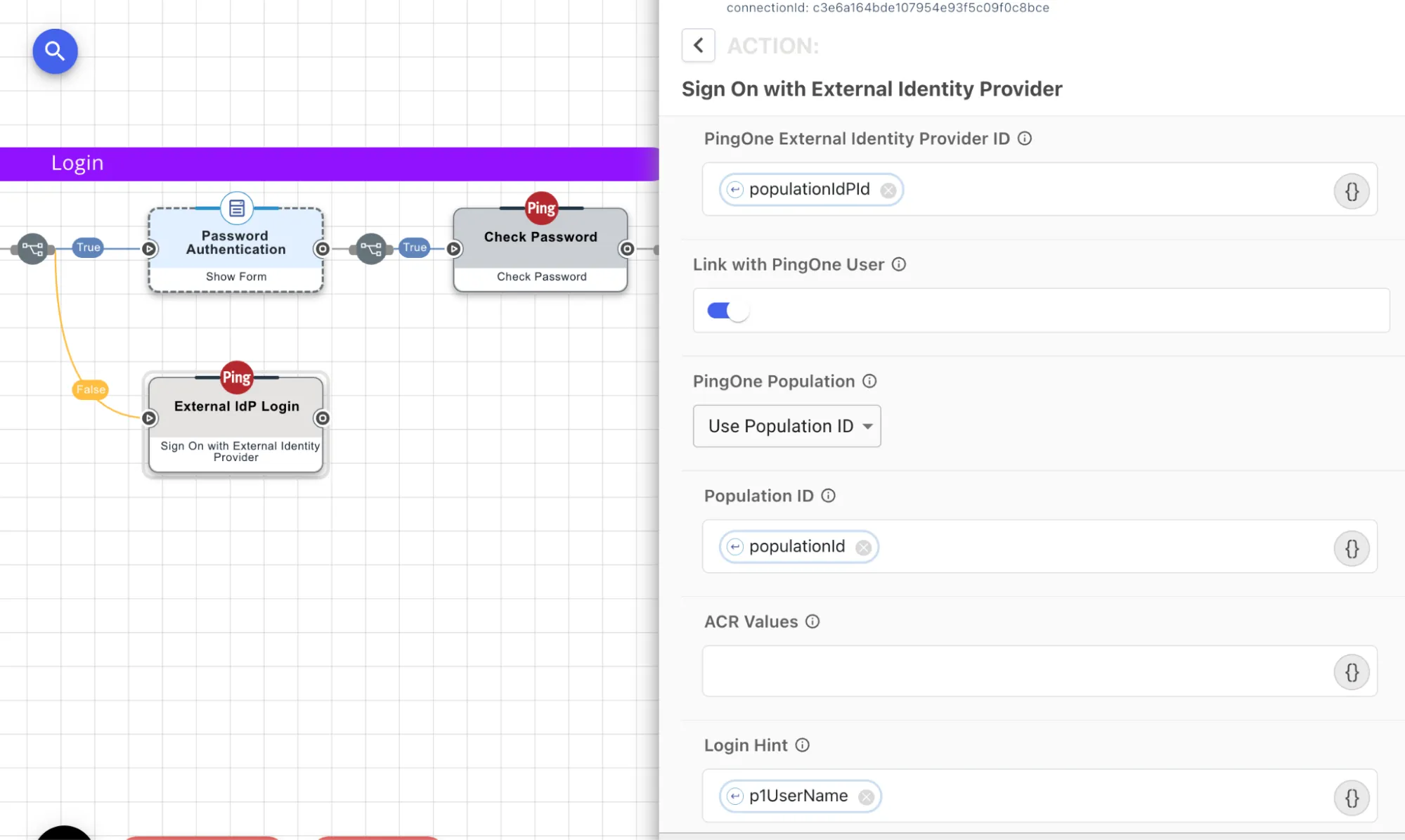 The External IdP Login node providing the population ID and external IDP ID