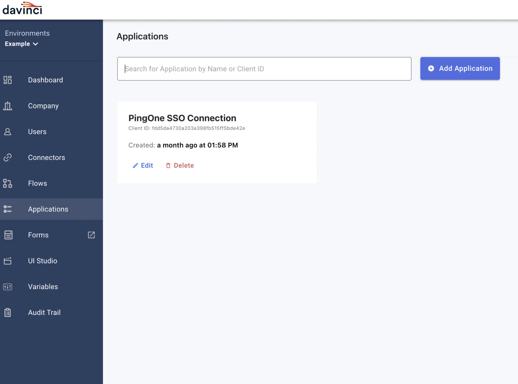 The DaVinci Applications view in which the default PingOne SSO connection app is displayed