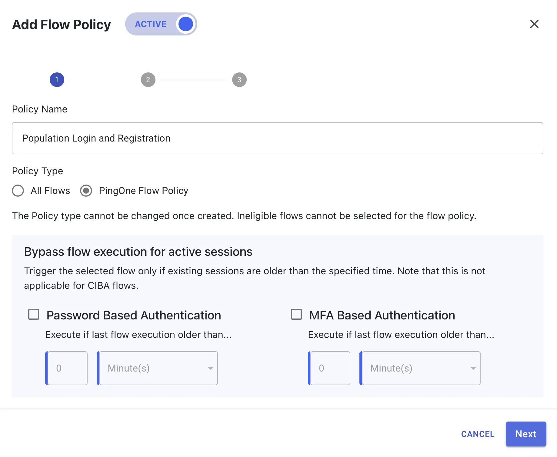 The first page in adding a flow policy. PingOne Flow Policy is selected and a title has been written