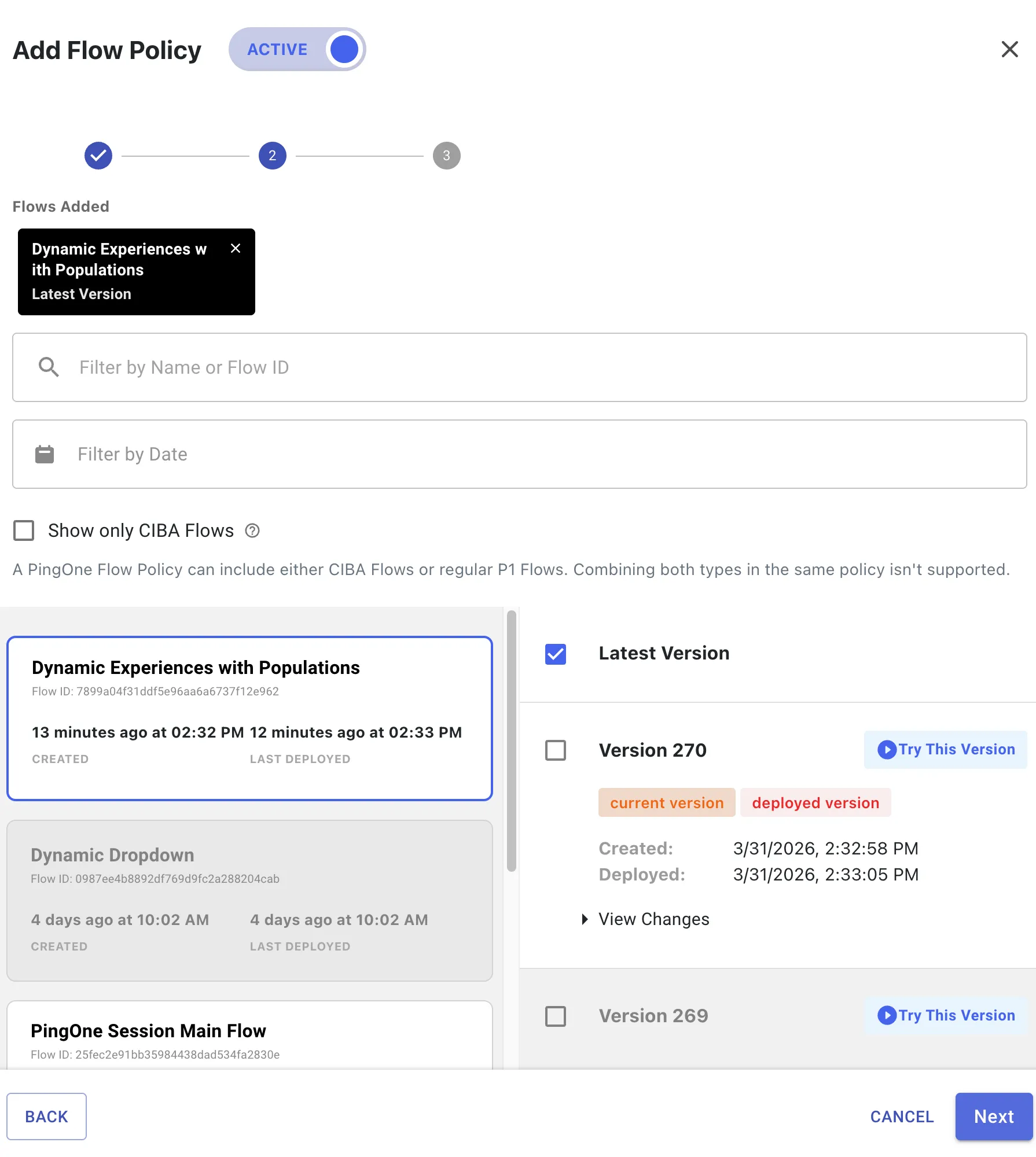 The second page in adding a flow policy. The specific flows and flow versions are selected