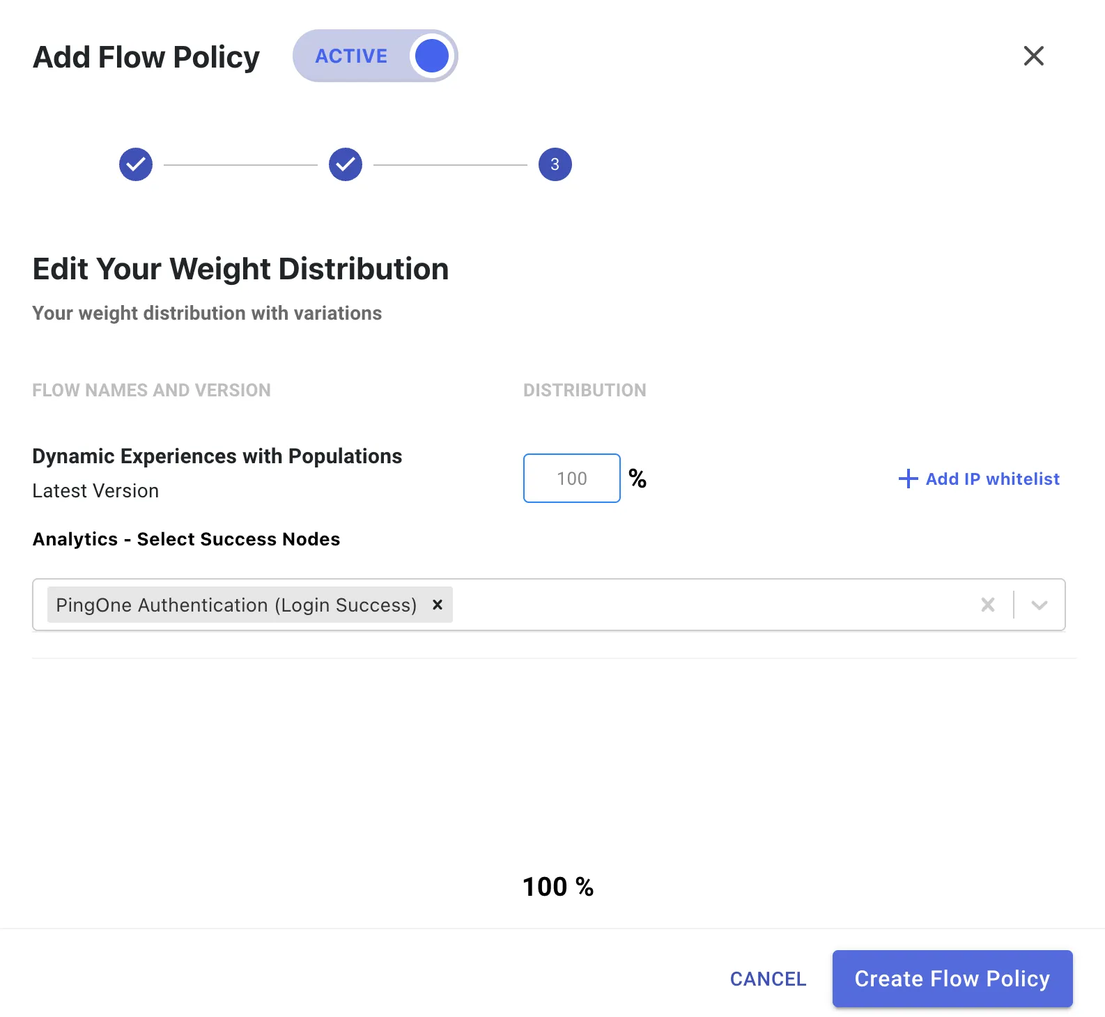 The final step in adding a flow policy, in which the weight of each selected flow as well as their success criteria is defined