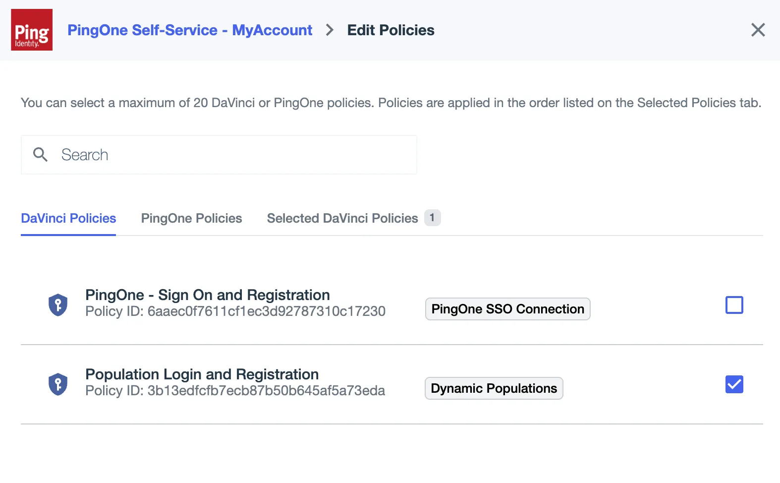 The application editing window in PingOne in which policies can be edited. The DaVinci Flow policy has been checked