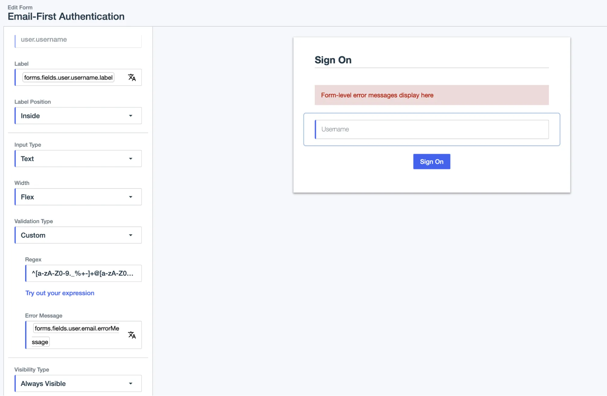 A screenshot of the form editor for the Email-First Authentication flow. Just the username field is displayed.