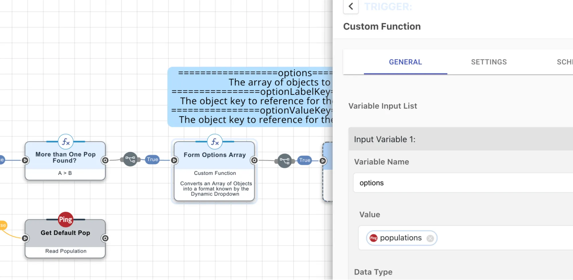 The Form Options Array function editor in which the populations data has been added with the mapped keys
