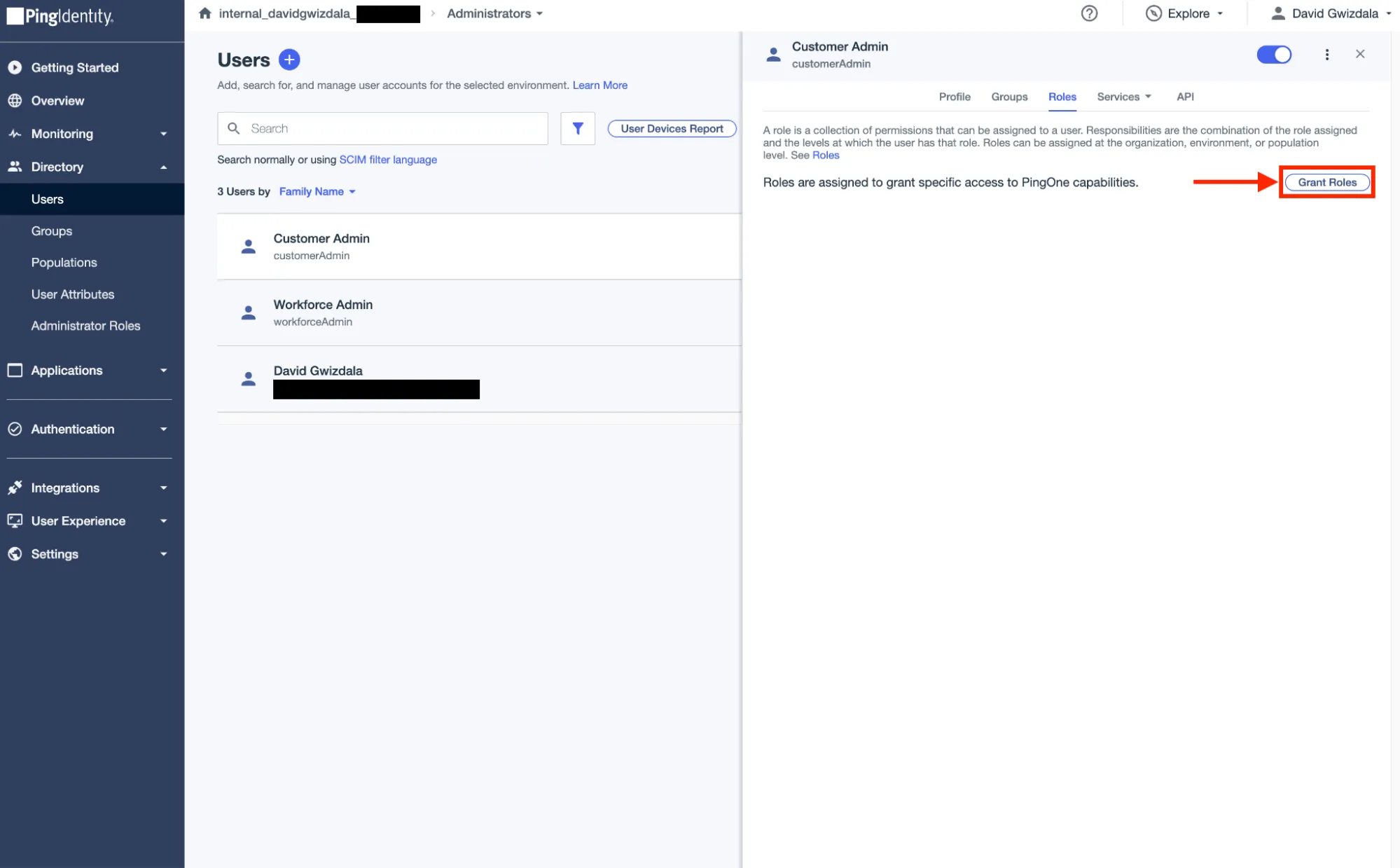 A screenshot of the admin portal where the grant roles option has been highlighted for the customerAdmin user
