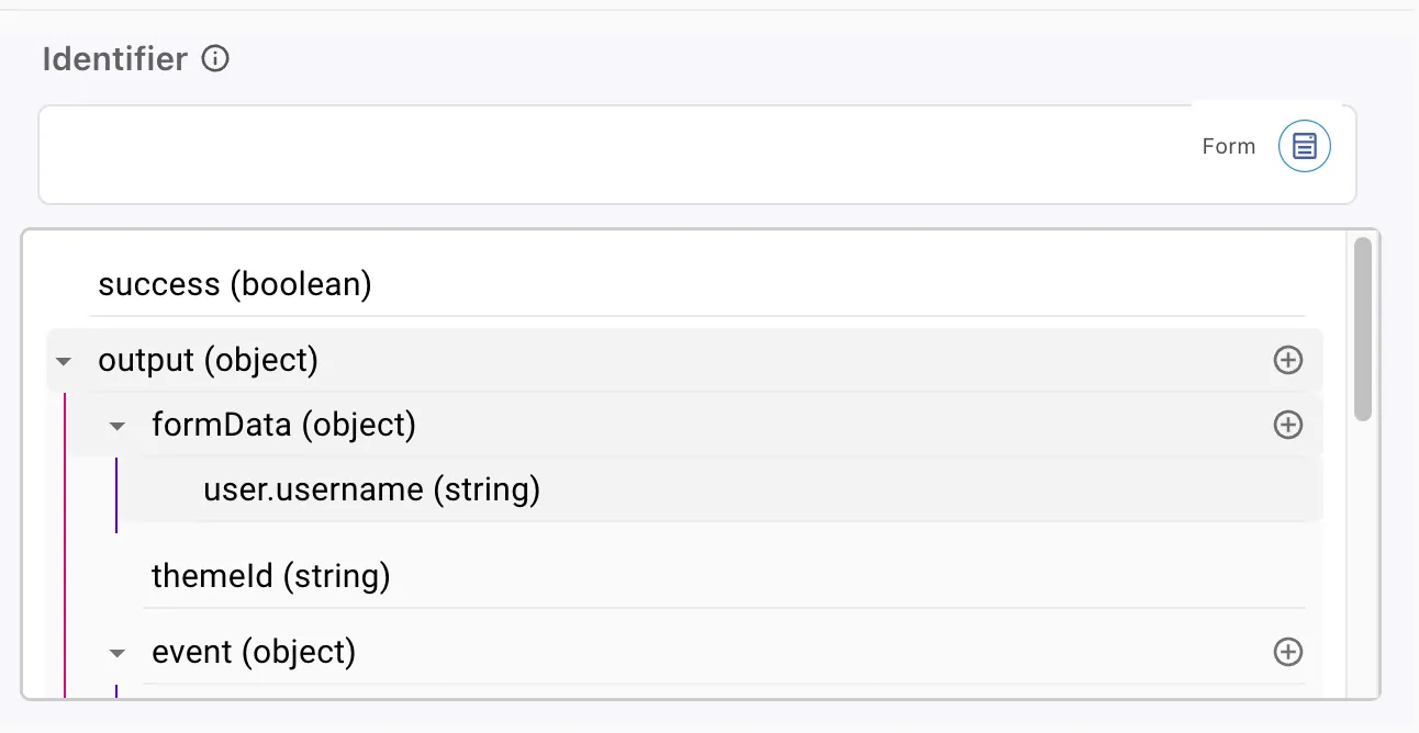 A screenshot of the user.username variable value being added into the Identifier field via handlebars
