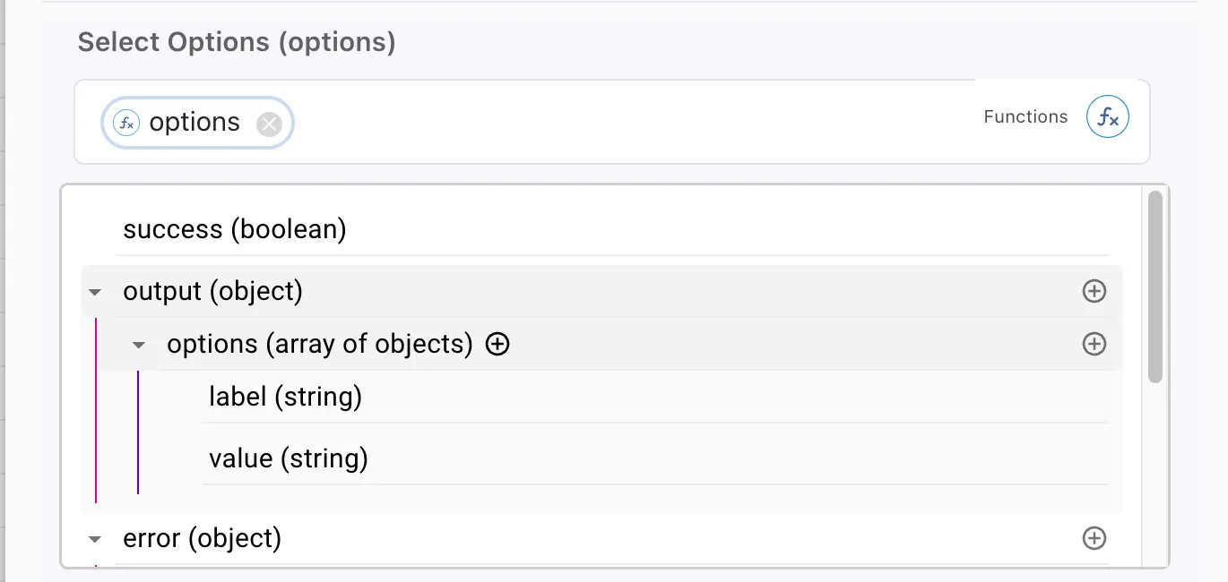 The "options" result appearing in a variables selector as defined from the Form Options Array node