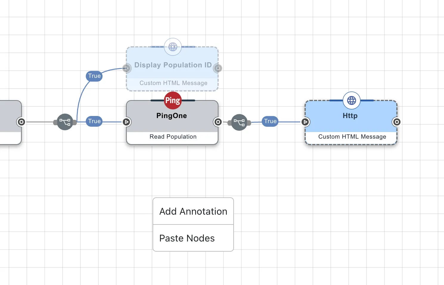 A screenshot of the canvas in which the user has right-clicked an empty space to display a menue that includes "add annotation" and "paste nodes"