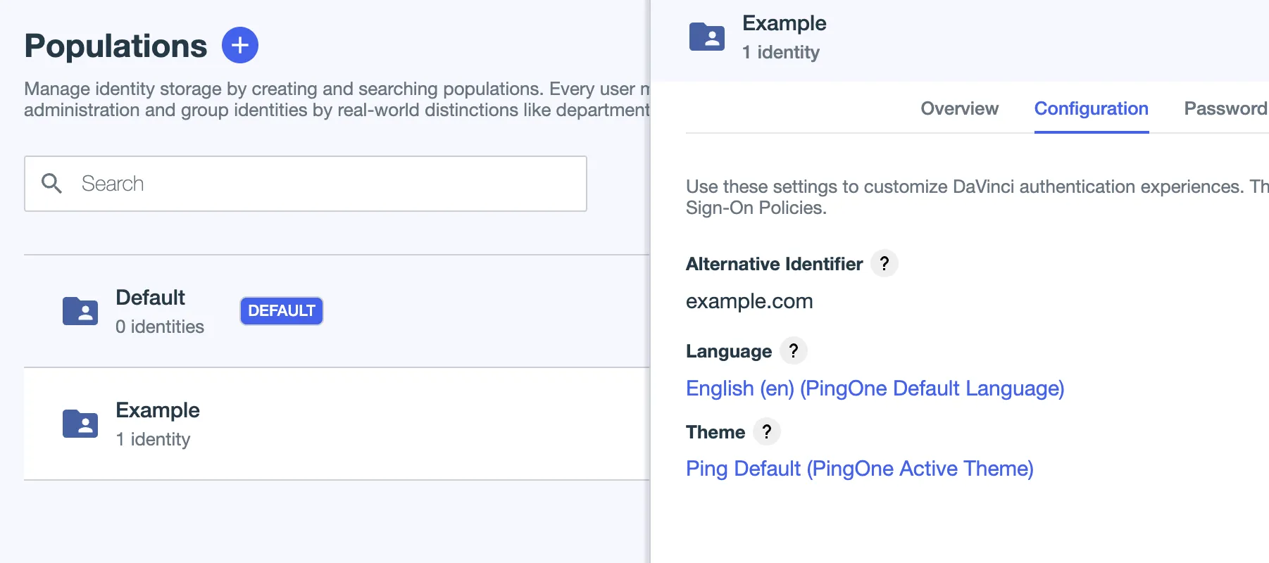 The Population admin view in which a population, Example, has been created with "bxretail.org" as an alternative identifier