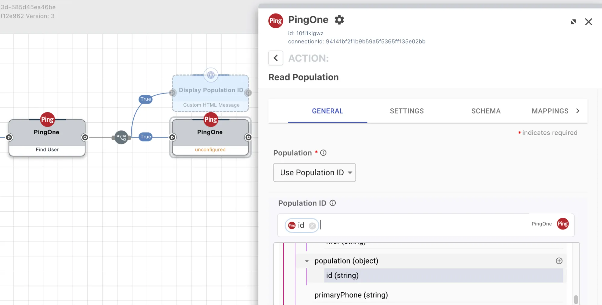 A connected PingOne node in which the Population ID gathered from the prior node is being used to read full population details