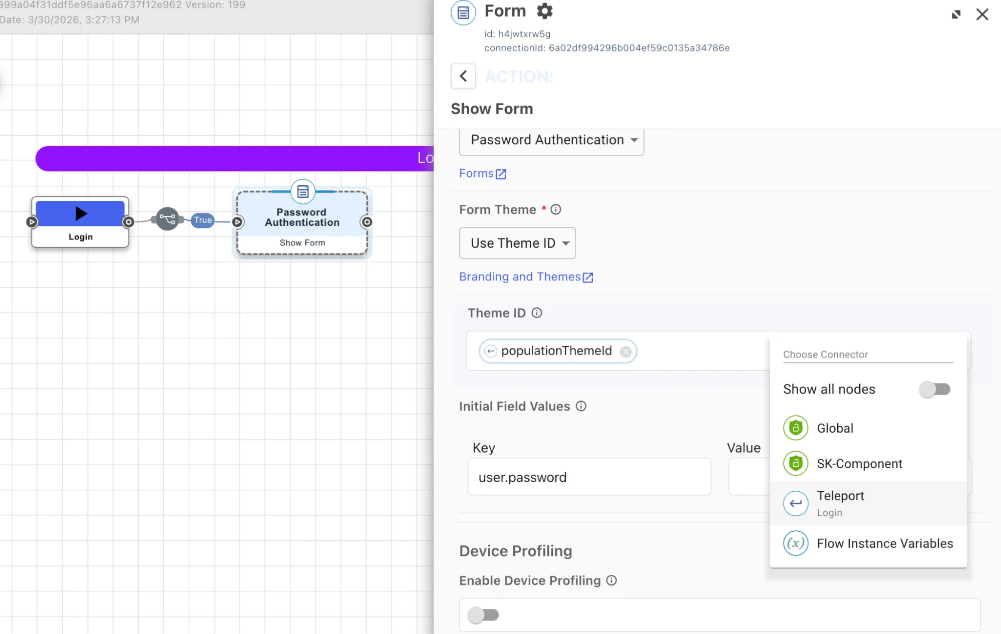 The Show Form Editor window in which the Population Theme ID collected from the teleport has been added as a variable