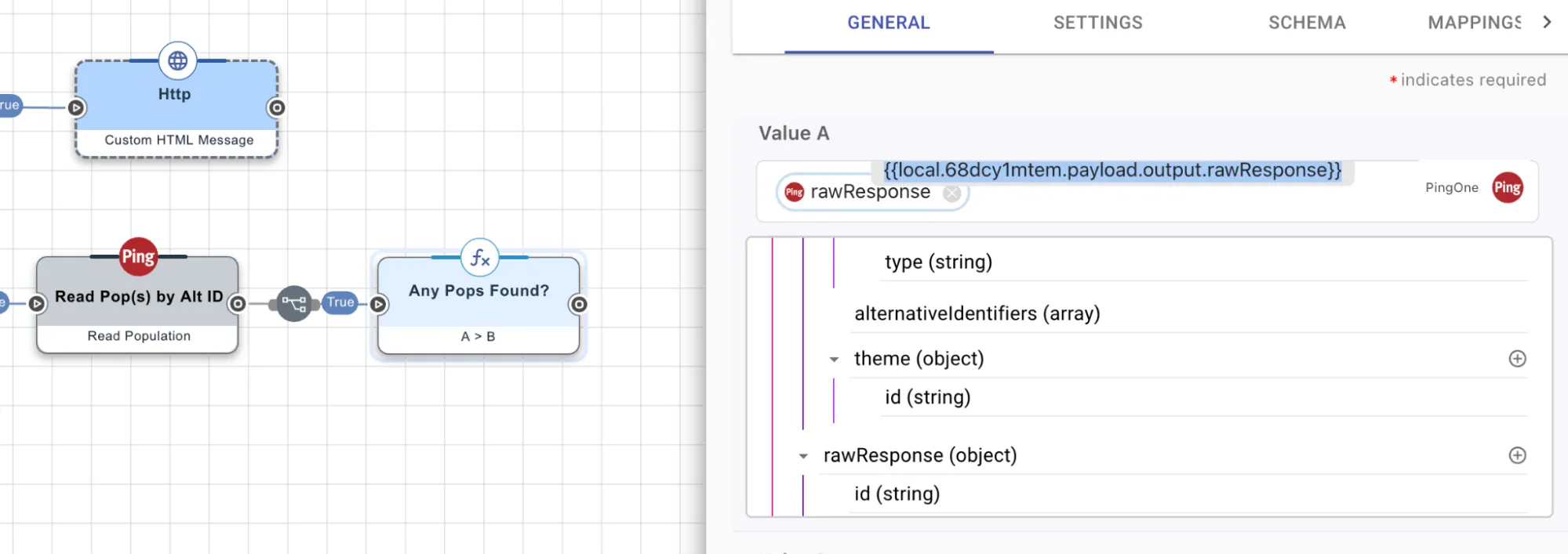 A hover-over view of the raw response variable for the PingOne connector with the handlebars value highlighted