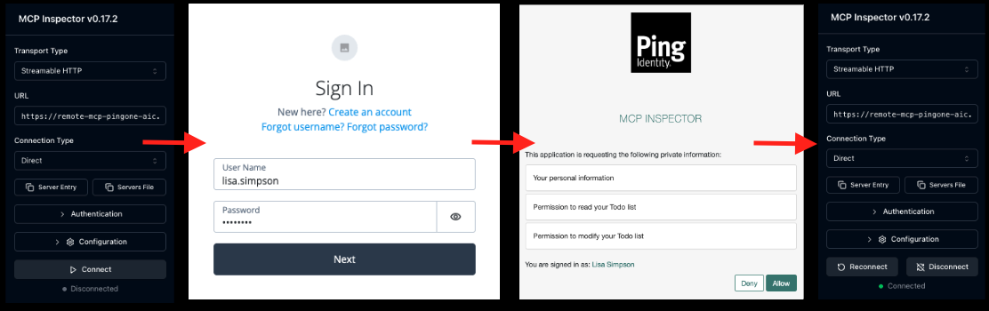 A screenshot of the MCP Inspector initiating authentication and self-registering with Advanced Identity Cloud.