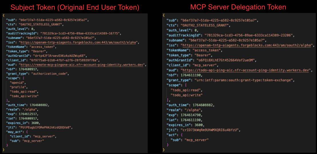 The original end user token and the MCP server delegation token shown side-by-side.