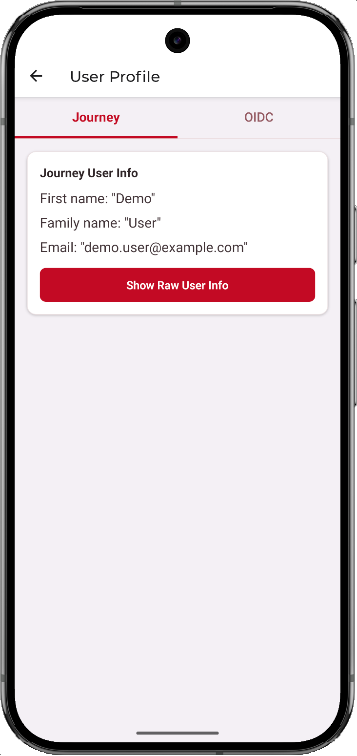 Android sample app showing user information after a successful authentication journey